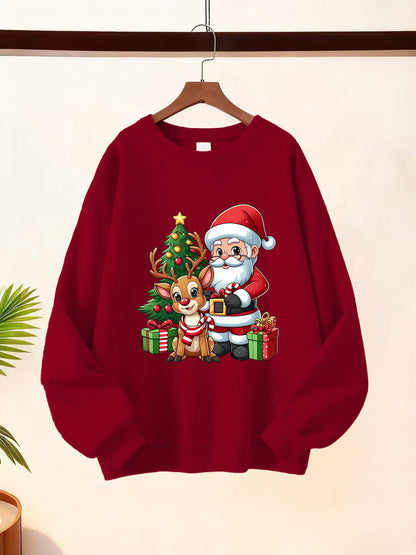 1pc Women's & Unisex Christmas Santa Reindeer Elf Print Sweater - Red Pullover Sweatshirt with Round Neck, Soft Warm Winter Sweating Jacket for Holiday Parties, Family Matching Outfits, Gift (Machine Washable) - Y2K Style All