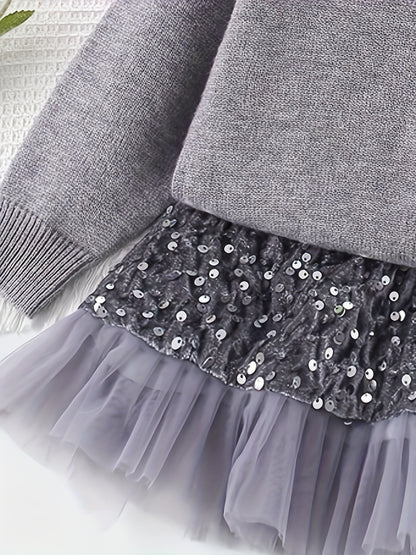 2pcs Girls' Elegant Sequin Trim Sweater & Sparkle Tulle Tutu Skirt Set - Red & Golden Glittery Party Outfit with Ruffled Hem, Long Sleeve Round Neck Top & Layered Tulle, Perfect For Halloween, Christmas, Photo Shoots, Pageant