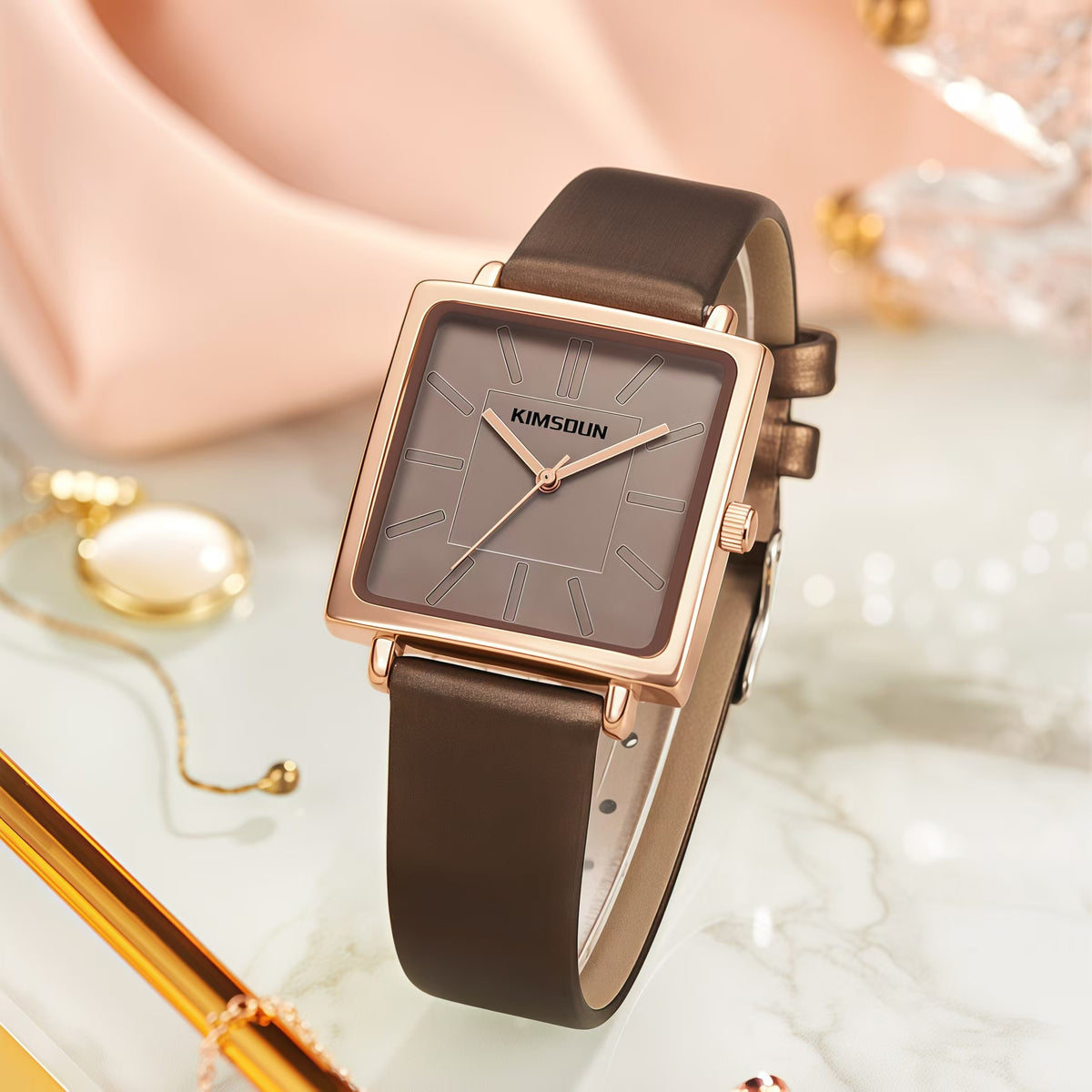Women's Quartz Watch with Calfskin Strap and Minimalist Square Case
