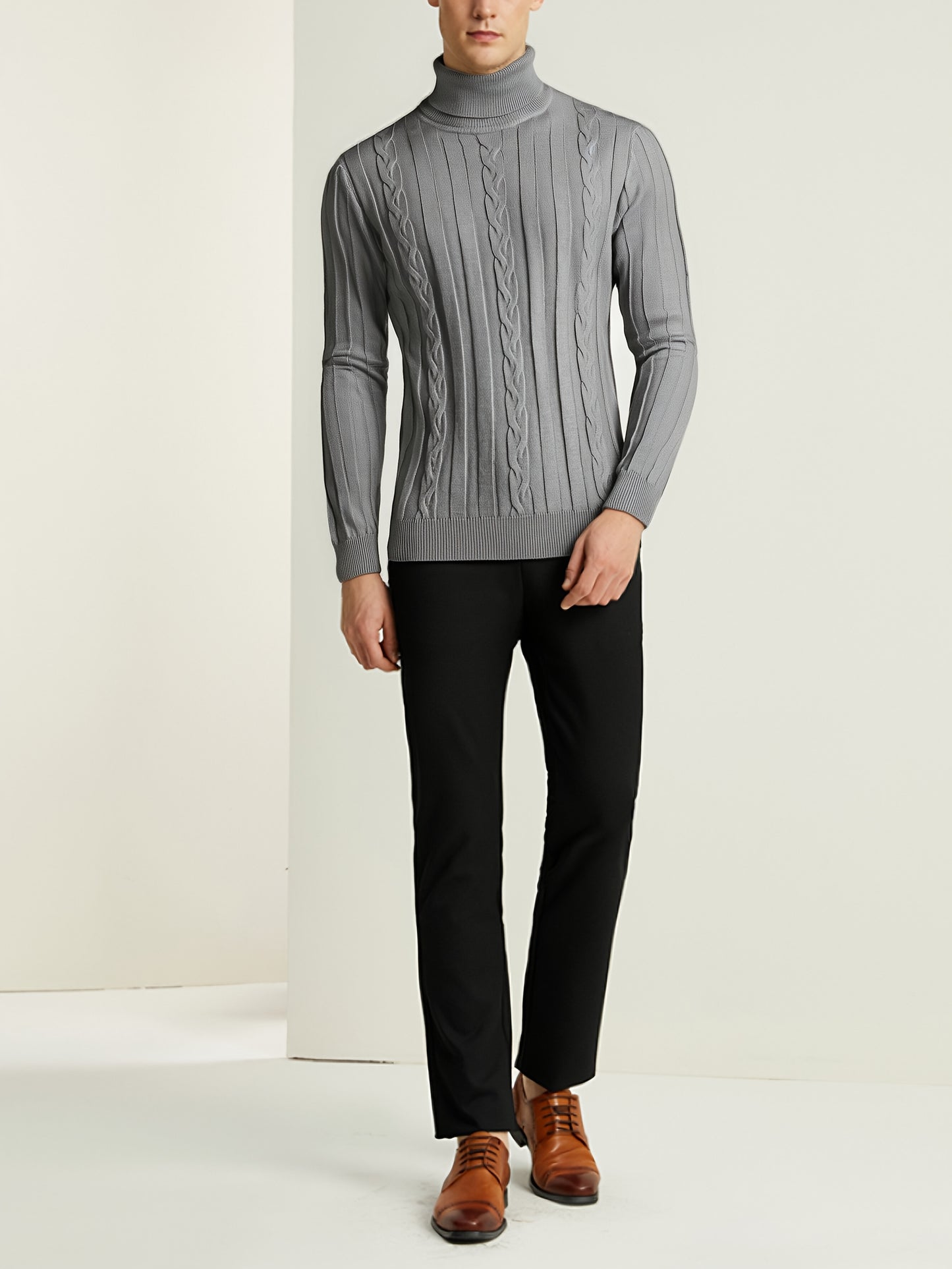 Men's Mature Slim-Fit High-Neck Long-Sleeve Sweater, Casual Ribbed Knit Pullover Solid Color Sweater, Men's Winter Clothing, Men's Sweater, Christmas Sweater, Men's Christmas Sweater, Winter Men's Apparel, New Year's Apparel,