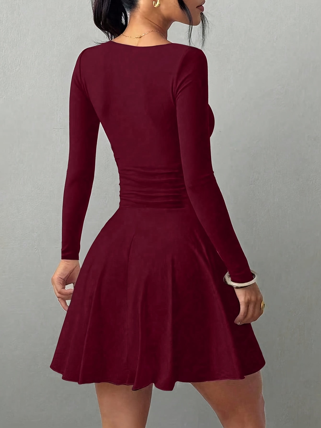 Women’s V-Neck Mini Dress with Waist Ruching and Long Sleeves