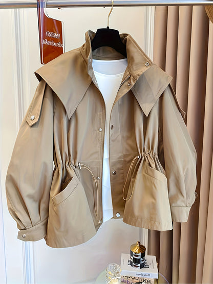 Women'S Casual Solid Color Polyester Overcoat with Drawstring Waist, Lapel Collar, and Chest Pockets - Spring and Fall Fashion, Comfortable, Non-Stretch Fabric, Casual Outerwear | Classic Long Sleeve | Nonstretch Materia