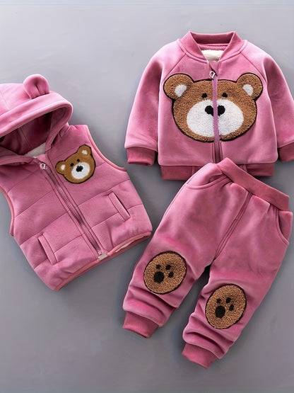 3pcs Boys & Girls Winter Warm Hooded Bear Set - Thick Bear Head Vest, Matching Pants & Hoodie, Cozy 3pcs Outfit for Outdoor Play, Casual Wear (Easy-Care Baby Clothes, Hand/Dry Clean), Perfect for Outdoor