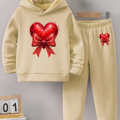 Girls' Autumn and Winter Thickened Hoodie Sports Two-Piece Set, Red Heart Bow Print Hoodie + Pants Outfit, Soft Light Beige-Friendly Fabric, Comfortable Warm Non-Shedding, Suitable for Outdoor Play, School, Holiday Gatherings