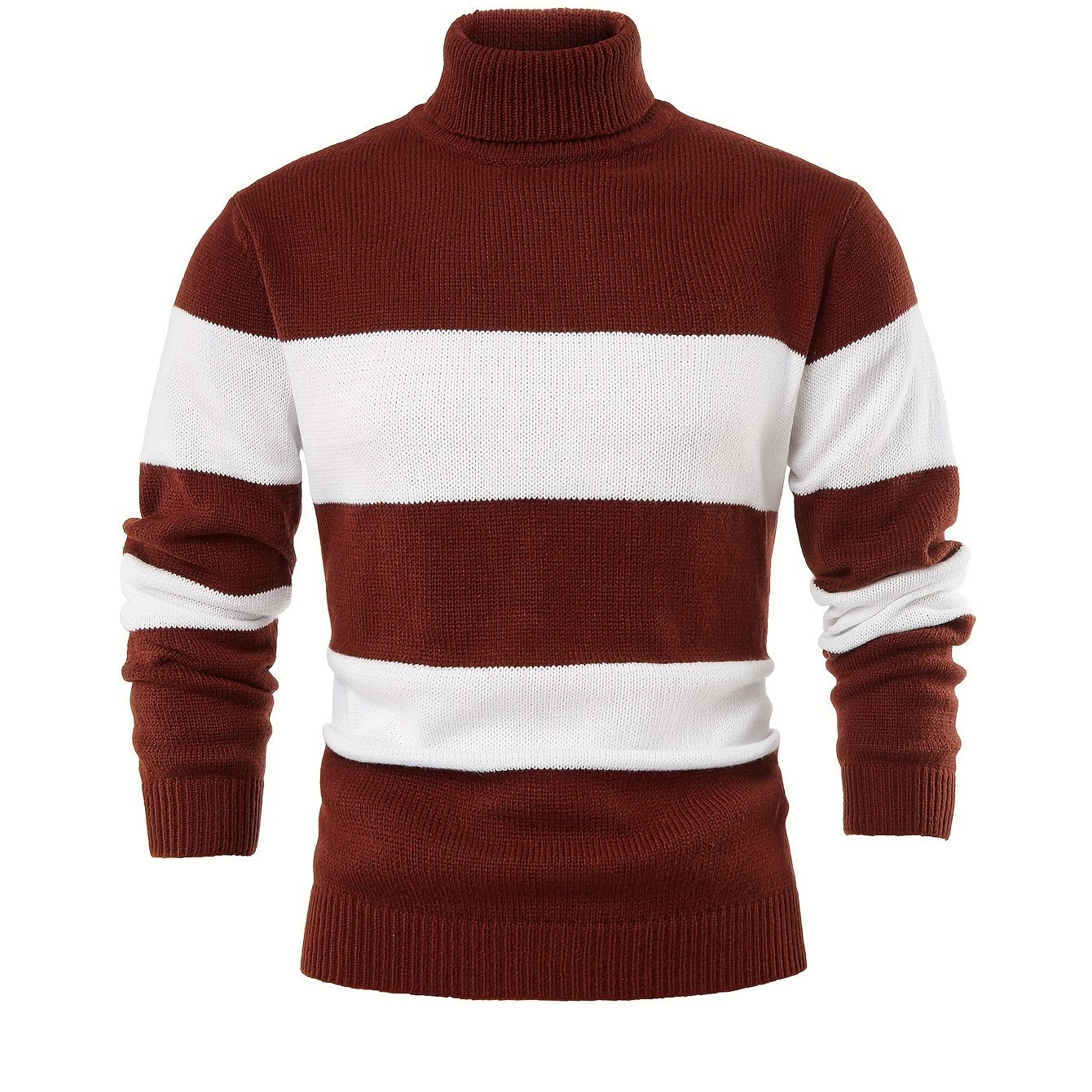 Men'S High-Neck Striped Knit Sweater, Stylish Color-Blocked Pullover for Spring And Autumn - ayq