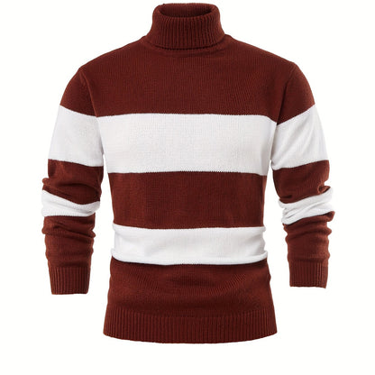 Men'S High-Neck Striped Knit Sweater, Stylish Color-Blocked Pullover for Spring And Autumn - ayq