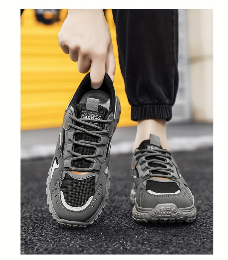 Men's Trendy Chunky Sneakers - Breathable Mesh  PU Upper, Durable PVC Sole, Lace-Up Casual Sneakers in Gray, Black  Orange, All-Season Comfort for Casual Attire