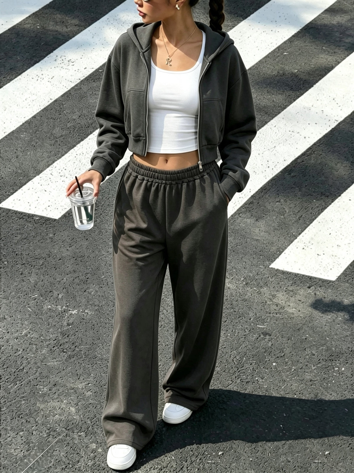 Women's Casual Hooded Zip-Up Sweatshirt & Wide-Leg Pants Set - ayq