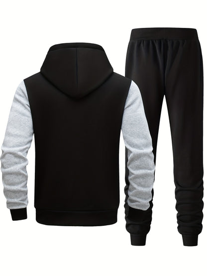 Men's Hooded Letter Print Tracksuit, 2pcs Casual Sports Set, Fashion Hoodie With Full-zip And Elastic-waist Pants, Regular Fit, Outdoor Cloth