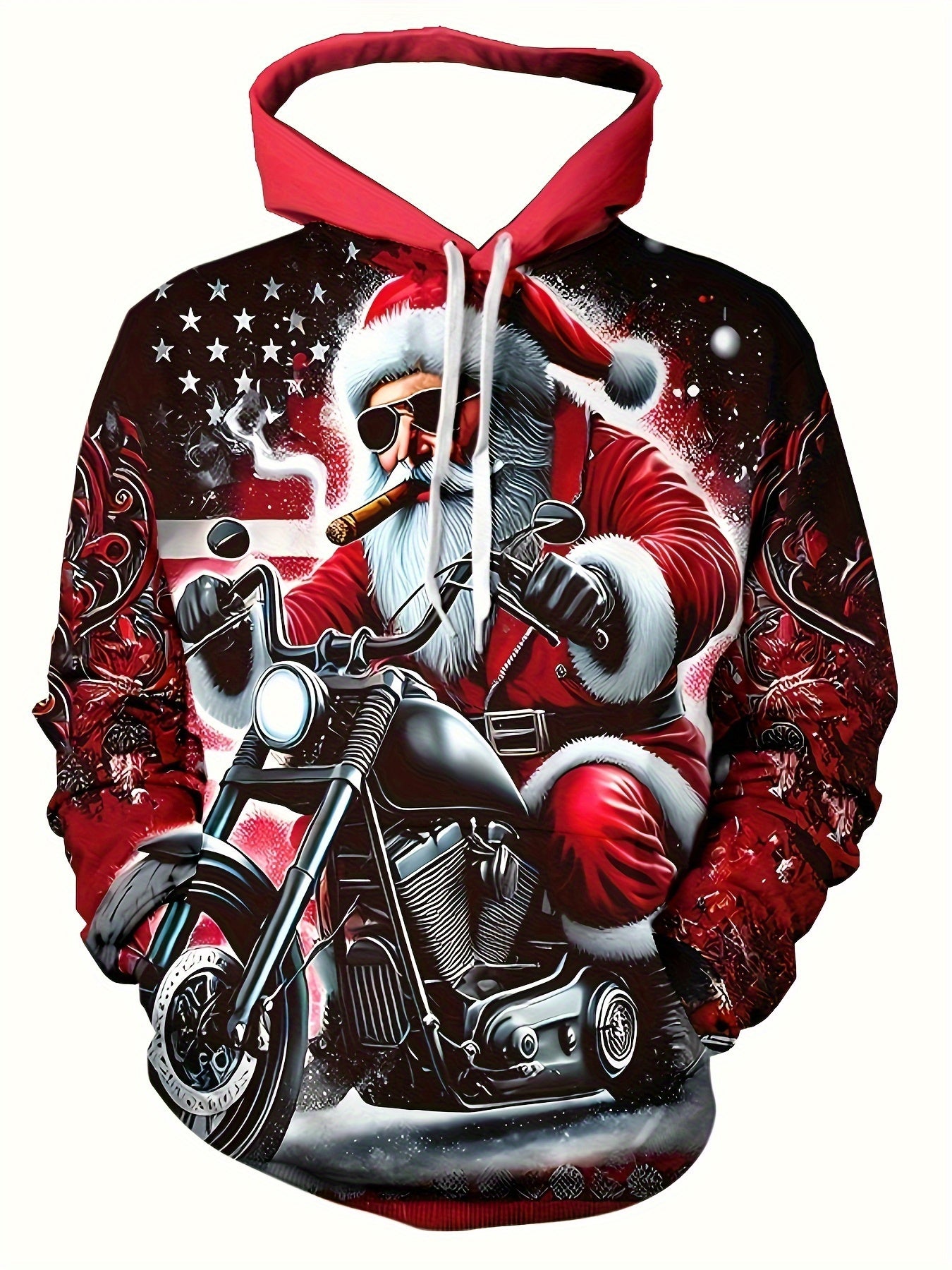 Plus Size Men'S Festive Santa Claus Motorcycle Hoodie - Long Sleeve, Casual Pullover with Drawstring and Kangaroo Pocket, Polyester, Machine Washable - Perfect for Autumn and Winter Street Style | Christmas Claus Motor Print