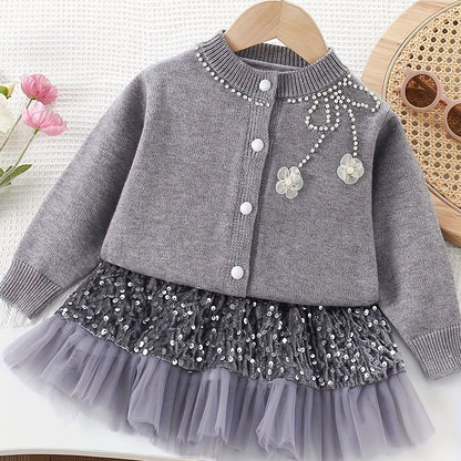 2pcs Girls' Elegant Sequin Trim Sweater & Sparkle Tulle Tutu Skirt Set - Red & Golden Glittery Party Outfit with Ruffled Hem, Long Sleeve Round Neck Top & Layered Tulle, Perfect For Halloween, Christmas, Photo Shoots, Pageant