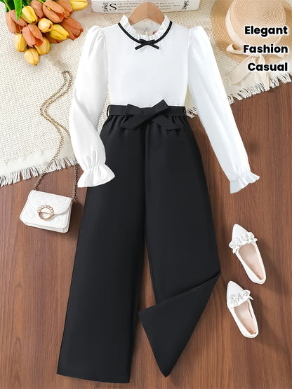 Girls' Fall/Winter Long-Sleeve Top & Wide-Leg Pants Set
