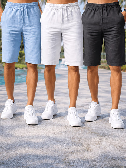 Men's Cotton Casual Beach Shorts with Drawstring Waist 3-Pack