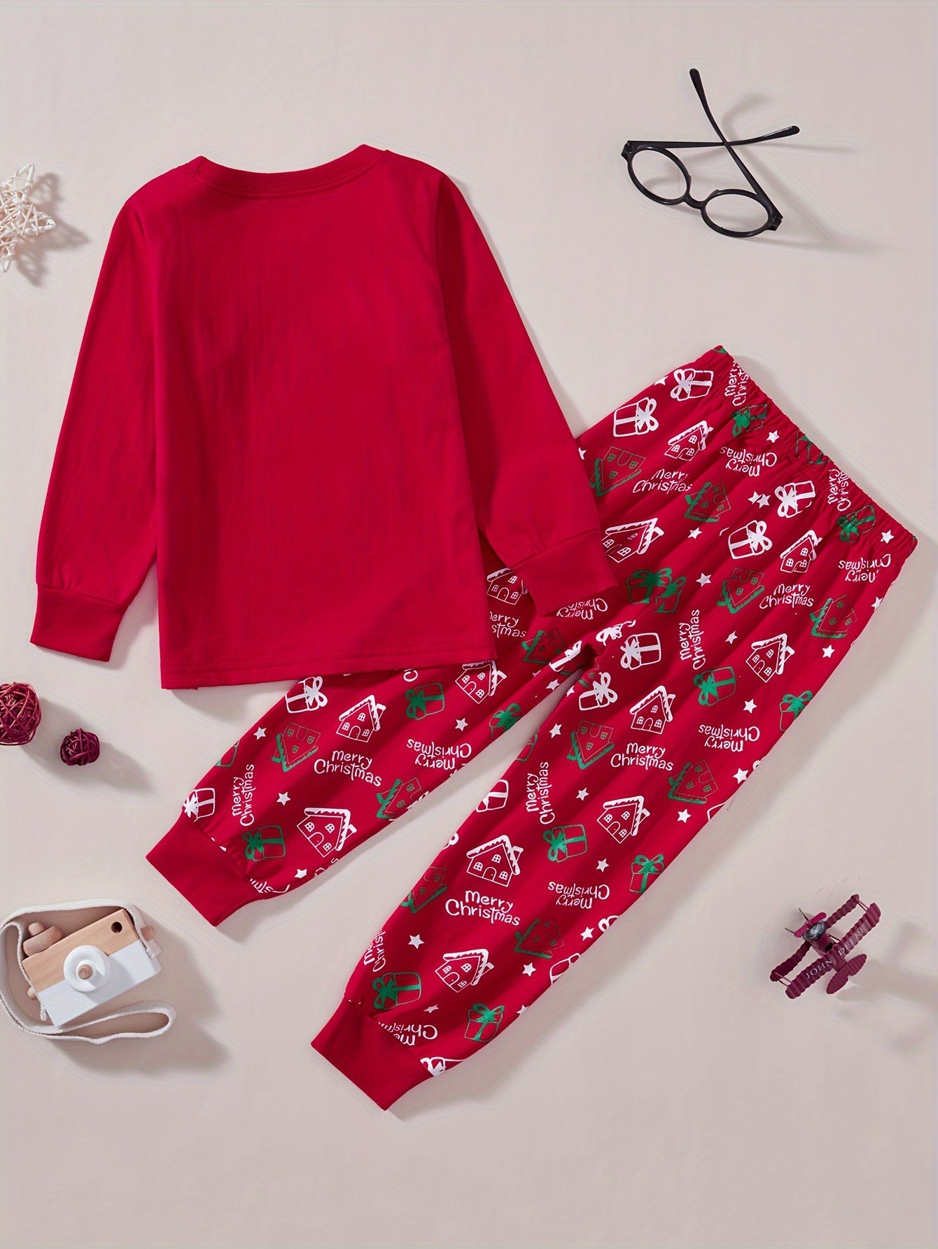 Christmas Set Pajamas Boys and Girls Red Father Christmas Cotton Flame Retardant Suit Christmas Gift Sleigh Car Red Pajama Set Loungewear Two Pieces