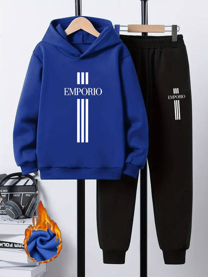 Boys' 2pcs Hoodie and Sweatpants Set with EMPORIO Print, Polyester Material, Comfortable Fit for Autumn/Winter Wear, Perfect for Daily Use and Outdoor Activities | Back-to-School Gift | Ideal for Home Sports | Essential for R