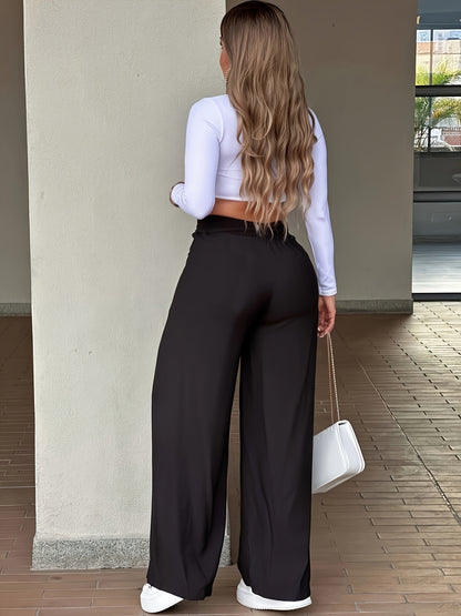 High-Waist Wide-Leg Casual Pants with Drawstring, All-Season