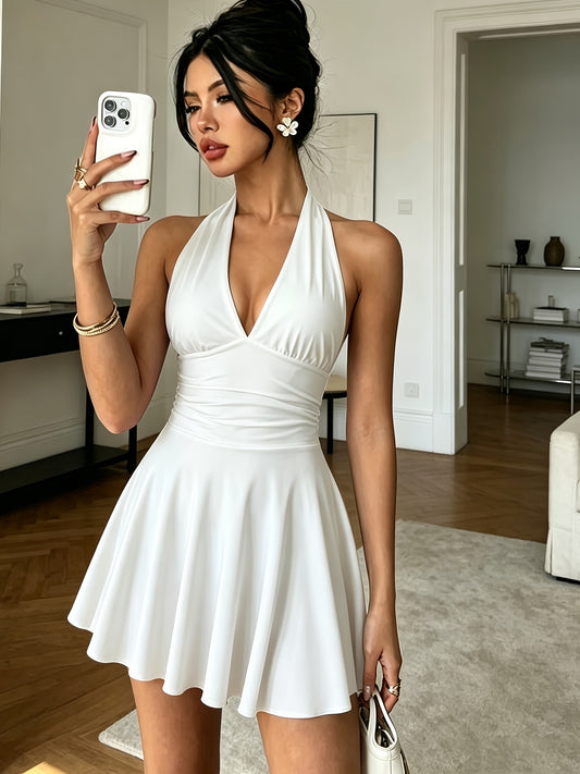Elegant Women's V-Neck Backless Bodycon Pleated Mini Dress