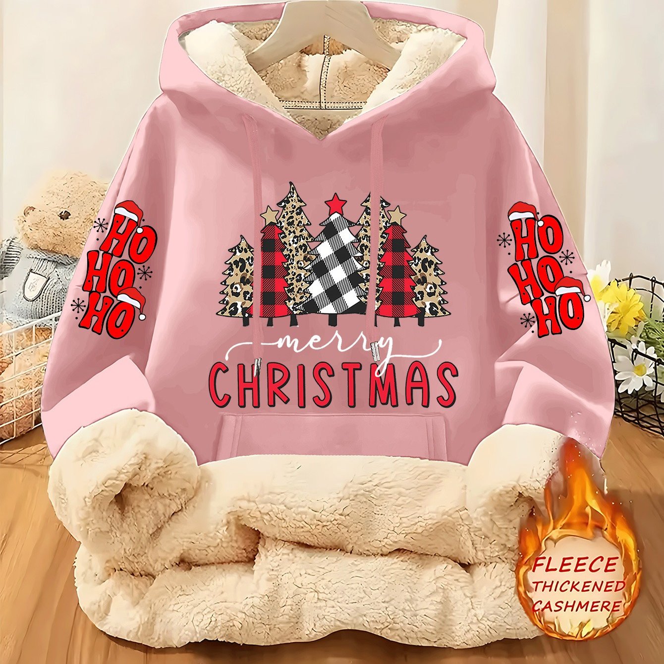 Christmas & Plaid Leopard Print Christmas Tree Pattern Printed Ladies Lined Hoodie, Thick and Warm Polyester Fabric Jacket, Suitable for Casual Composite Warm Clothing for Autumn and Winter Season