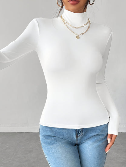 Women'S Elegant High Neck Long Sleeve T-Shirt - Soft Stretchy Solid Color Top for Spring Summer Fall, Versatile Casual & Formal Wear, Machine Washable, Seasonal Fashion, Sophisticated Style, Comfortable Fit, Stylish Blouse, F