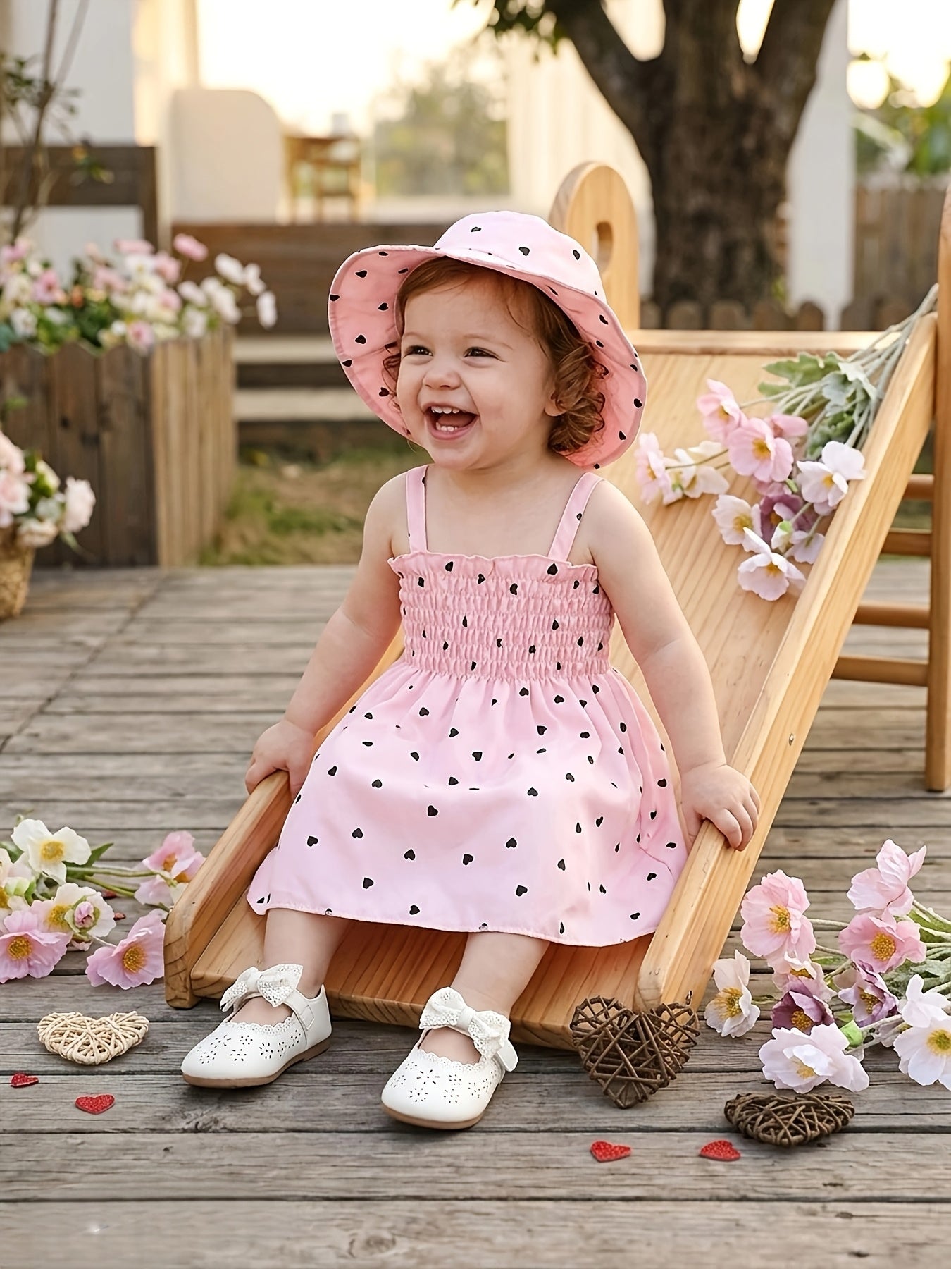 Girls' Sleeveless Heart-Print Dress & Hat Set for Summer 0-3 Years
