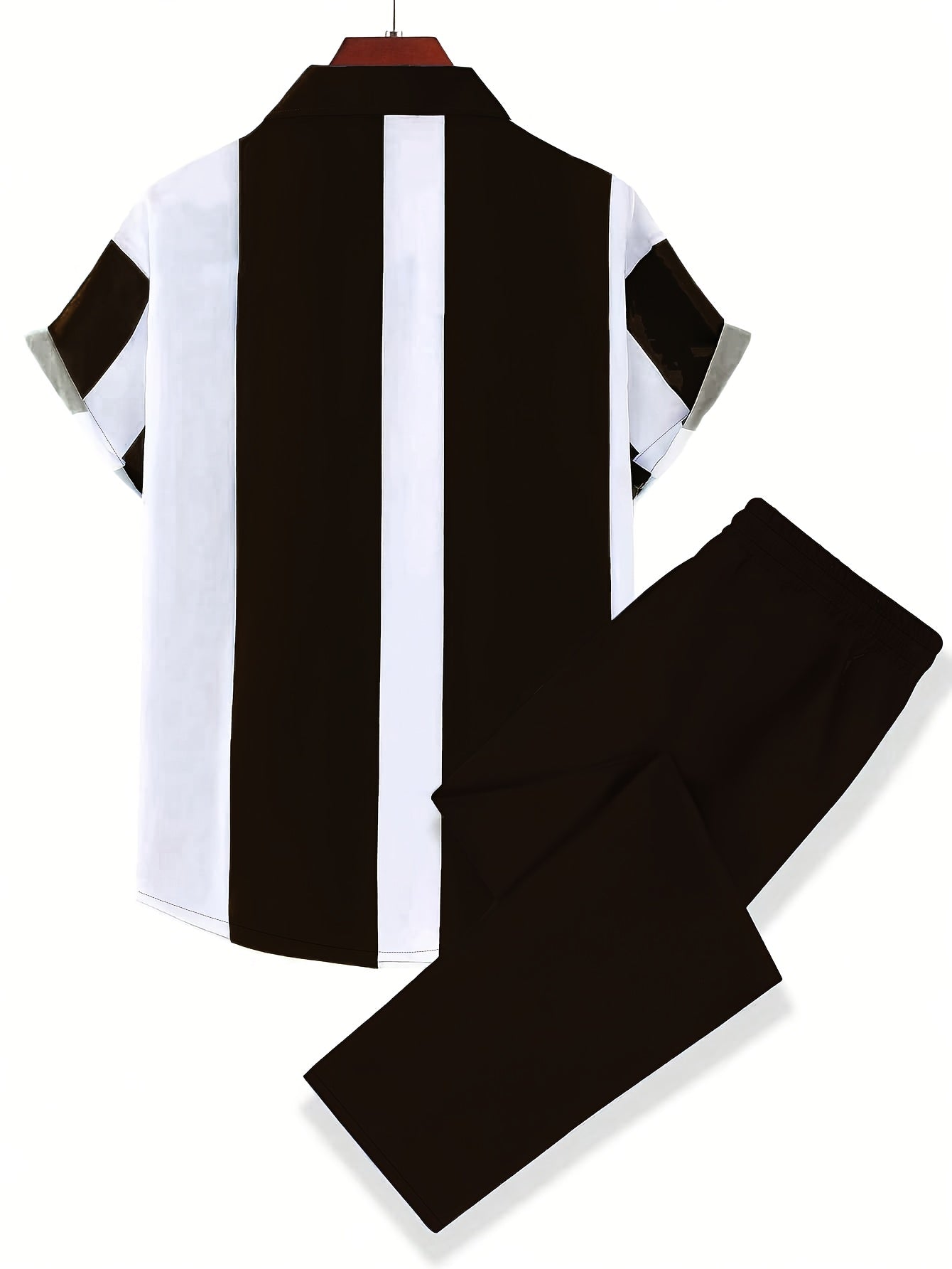 Men'S Casual Fashion Short Sleeve Shirt & Pants Set - Black & White Geometric Pattern, Polyester, Non-Stretch, Summer Sportswear, Regular Fit, Casual Attire|Geometric Pattern Shirt|Polyester Fabric