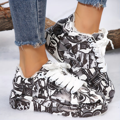 Women'S Fleece-Lined Winter Boots - Comfortable Lace-Up Thick Soles, Round Toe, Available in White, Black, And Lace Detailing - Ideal for Cozy Wear in Cold Weather, Snow Boots.