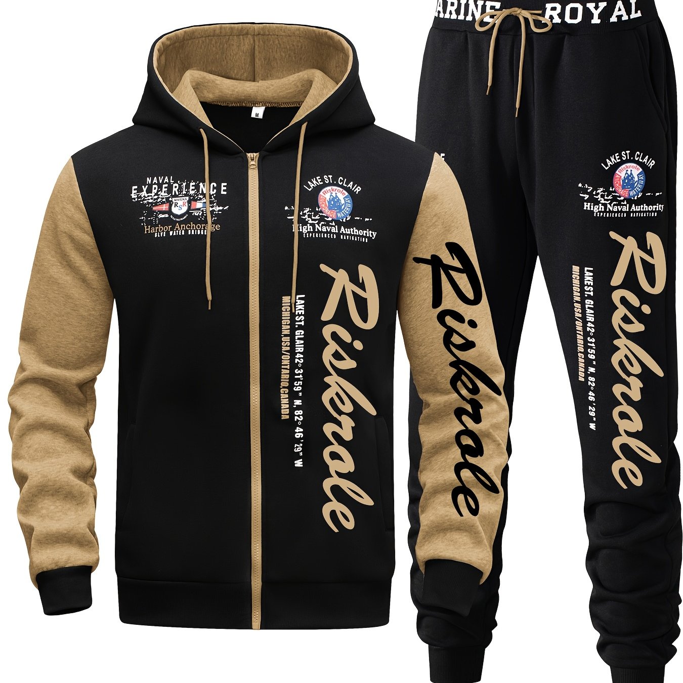 Men's Hooded Letter Print Tracksuit, 2pcs Casual Sports Set, Fashion Hoodie With Full-zip And Elastic-waist Pants, Regular Fit, Outdoor Cloth