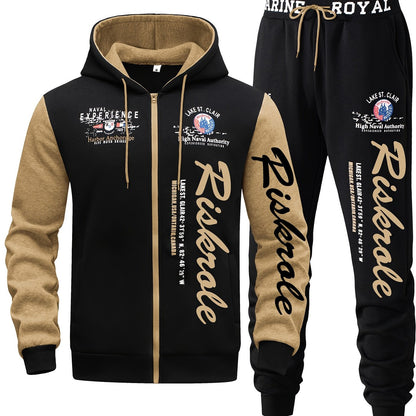 Men's Hooded Letter Print Tracksuit, 2pcs Casual Sports Set, Fashion Hoodie With Full-zip And Elastic-waist Pants, Regular Fit, Outdoor Cloth