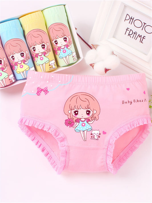 Girls Cotton Cartoon Briefs 5-Pack Mid-Rise Underwear