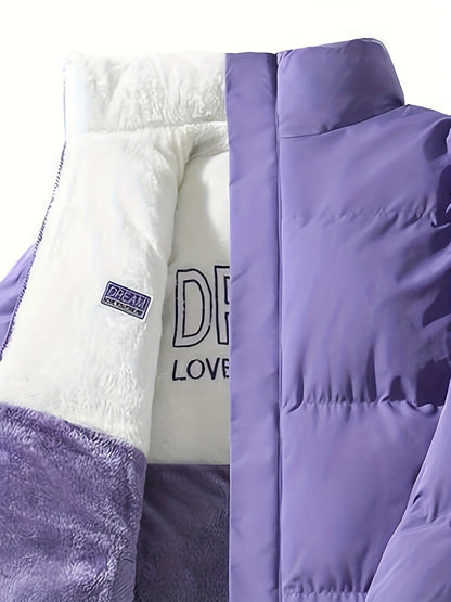 Men'S Double-Sided Fleece-Lined Thickened Jacket - Casual Stand Collar with Letter Print, Regular Fit, Pockets, Polyester Fill, Versatile for Fall/Winter, Winter Jacket