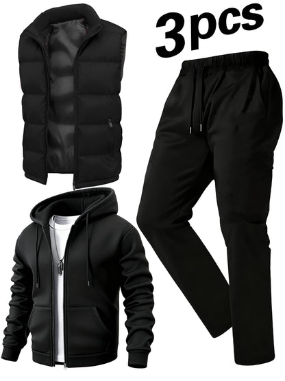 Men's Casual 3-Piece Polyester Sportswear Set with Hoodie
