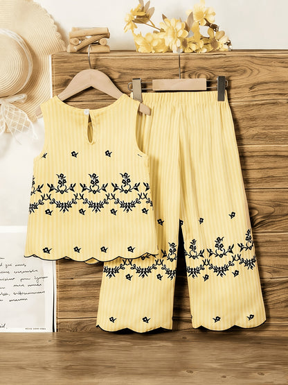 Girls' Retro Floral Striped Sleeveless Top & Wide Leg Pants Set