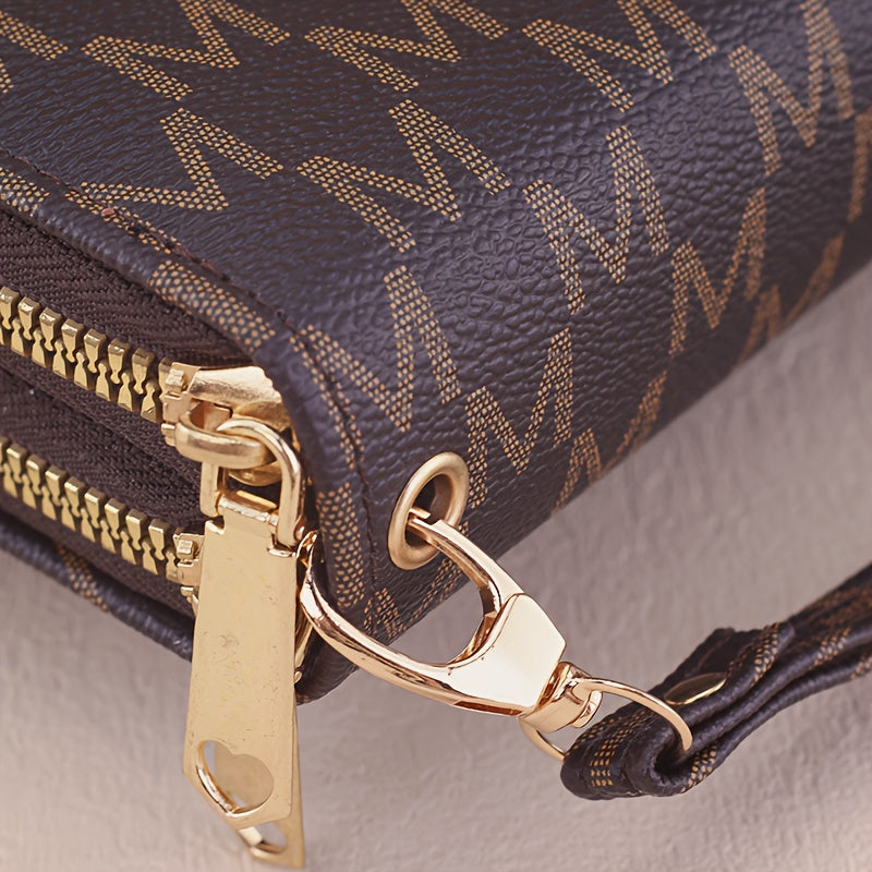 Women'S Elegant Patchwork Wallet & Wristlet Clutch - Large Capacity Double-Zip Coin Purse with Golden-Tone M-Logo, Golden-Tone Hardware & Wrist Strap
