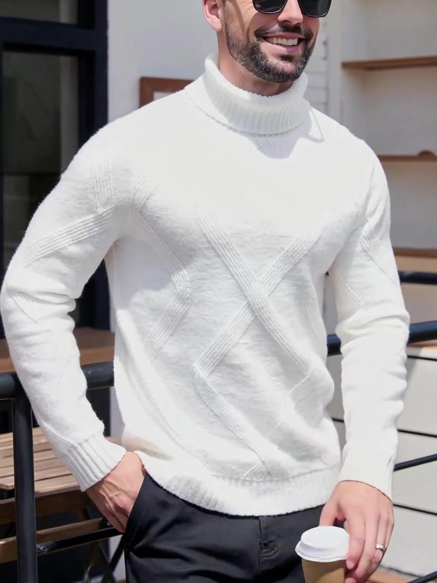Men's High Neck Solid Color Long Sleeve Textured Geometric Pattern Knit Sweater Regular Fit Pullover