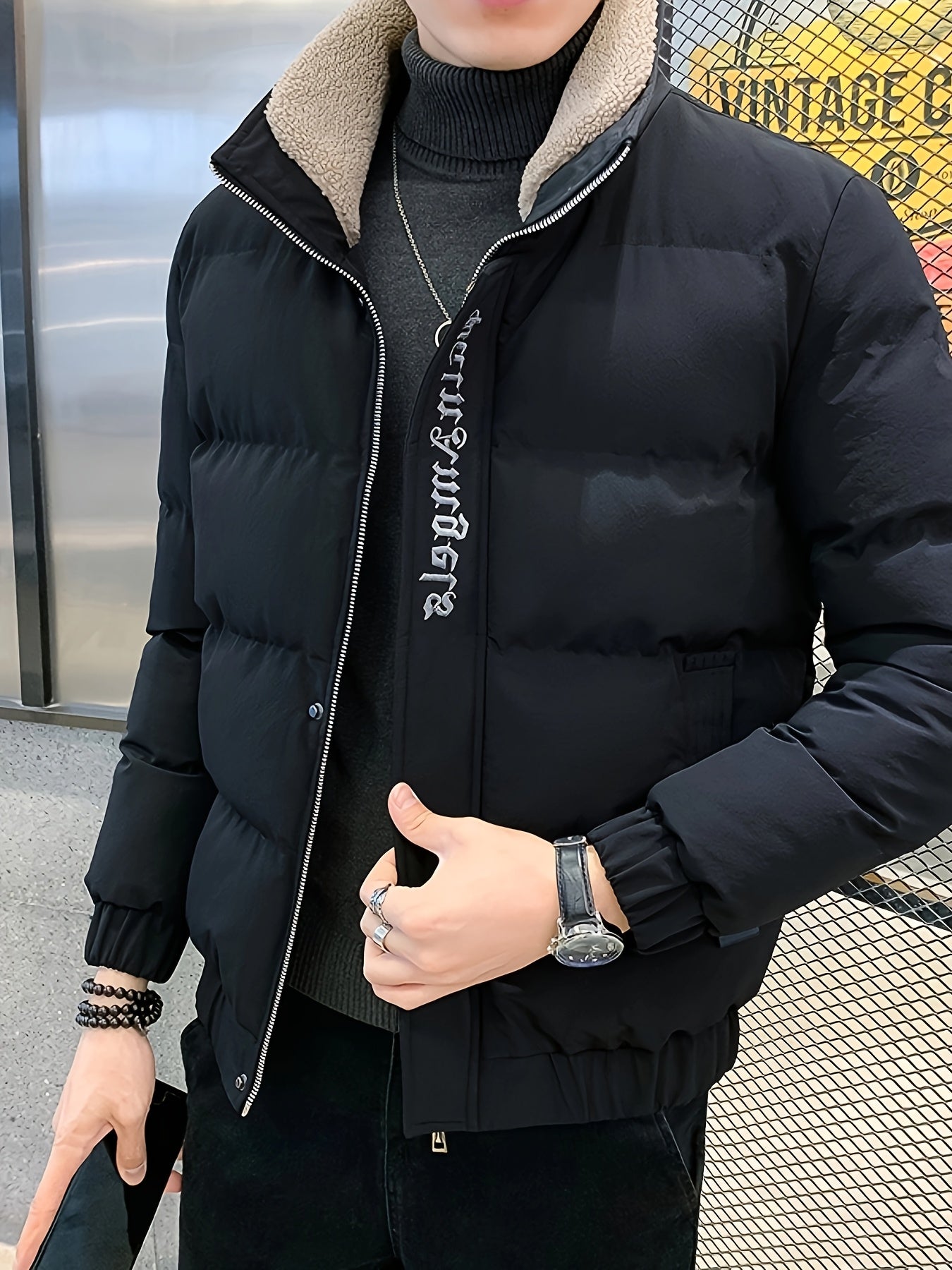 Men's Winter Jacket - Thick, Warm & Stylish with Zippered Cuffs and Pockets, Black, Casual Loose Fit for Cold Weather, Winter Clothes