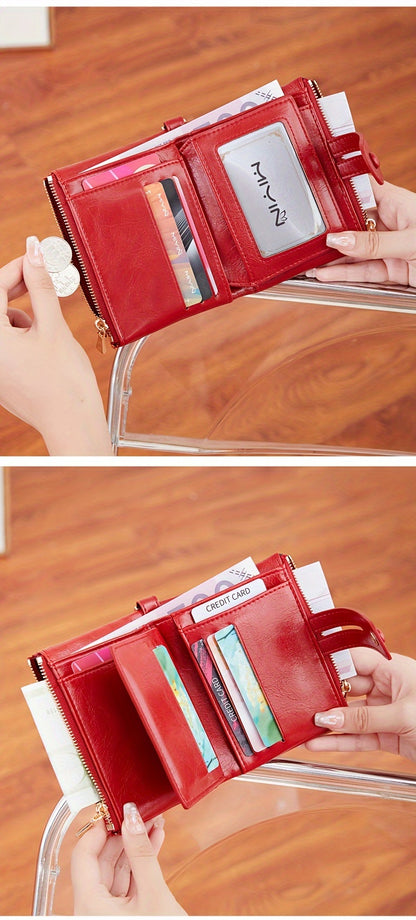 MIYIN Women'S & Men'S Red Bifold Wallet with Anti-Theft Chain Lock, Golden-Tone Hardware & Removable ID Window - Multi-Compartment Organizer with Card Slots