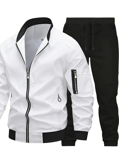 Men'S Casual Workwear Jacket and Pants Set, Solid Color, Long Sleeve, Regular Fit, with Pockets, for Spring/Fall, Casual Attire, Casual Attire|Casual Style|Solid Color Jacket