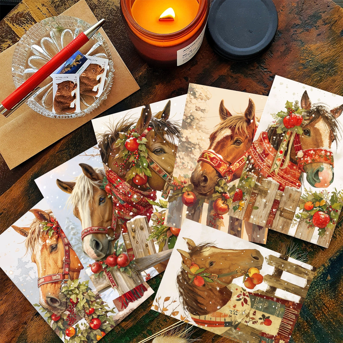 1set/12pcs/24pcs Christmas Horse Pattern Greeting Cards with Envelopes, Folded 9*13cm, 3.54*5.11in; Unfold 18*13cm 7.08*5.11in, 9 Sheets per Set, Christmas Cards With Envelopes, Funny Christmas Cards, Cards For All Occasions