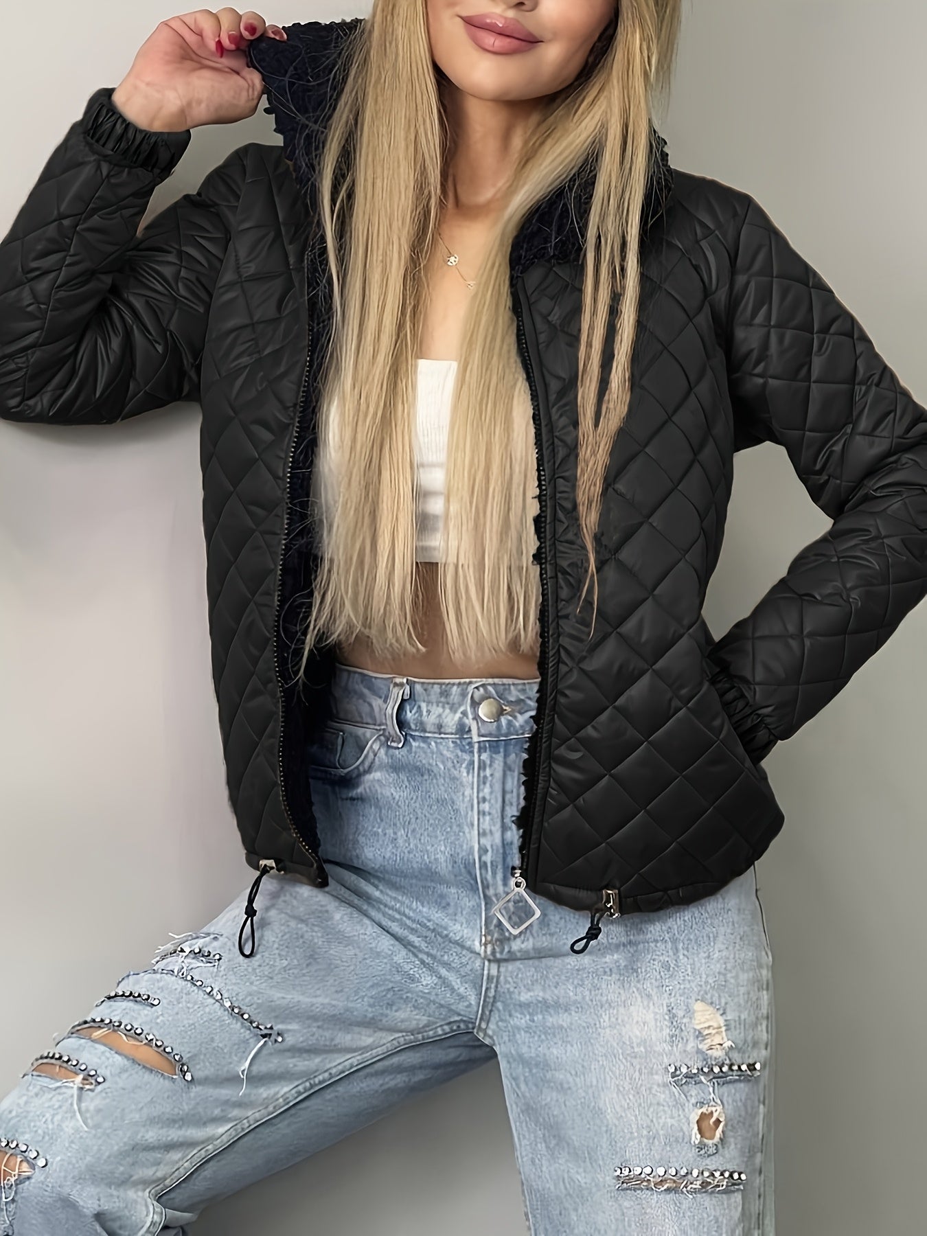 Women'S Cozy Quilted Jacket - Long Sleeve, Zip-Up, Warm Casual Outerwear with Pockets, Perfect for Fall & Winter, Casual Winter Wear | Zippered Jacket | Quilted Design