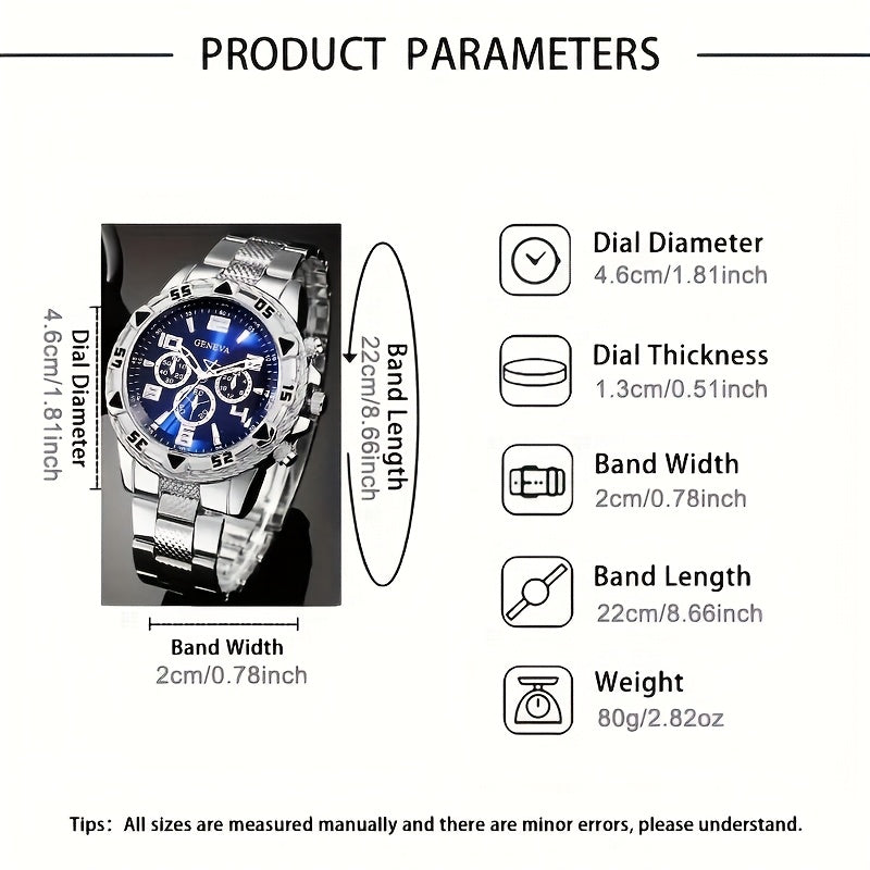 A Set of 4 Elegant Men'S Business Stainless Steel Quartz Watches, Featuring Stainless Steel Straps, Analog Display, And Accompanied by a Bracelet, Ring, And Necklace, Making It The Perfect Gift for Valentine'S Day, Easter, An