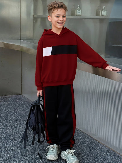 2pcs Boys' Winter Hooded Sweatsuit & Pants - Warm Sweater Outfit with Matching Long Pants, Colorblock Hoodie (Suitable for & Big Kids) - Machine Washable 2pcs set, Perfect for Outdoor