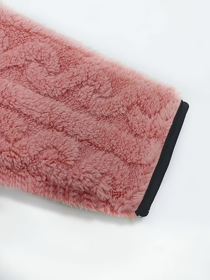 Women's Elegant Plush Full-Zip Winter Jacket - Soft Pink Long Sleeve Coat with Collar, Machine Washable, Warm & Stylish Outerwear for Fall and Winter, Casual to Semi-Formal Occasions