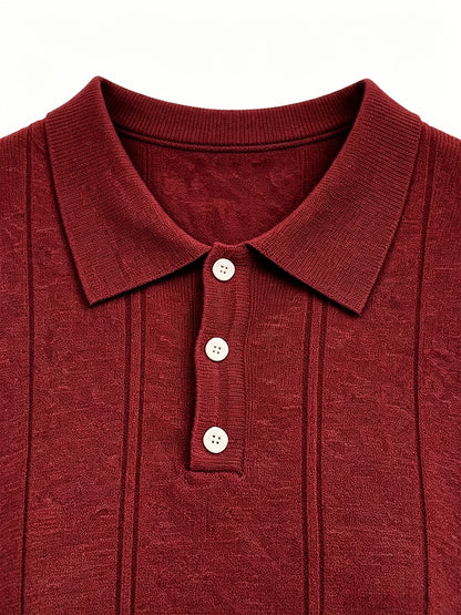 Men's Slim Fit Vertical Stripe Knit Polo Shirt with Lapel Collar