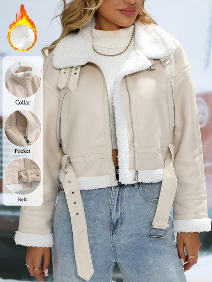 Autumn Winter women warm thickening Faux Lamb Fur Leather jacket street lapel coat with belt