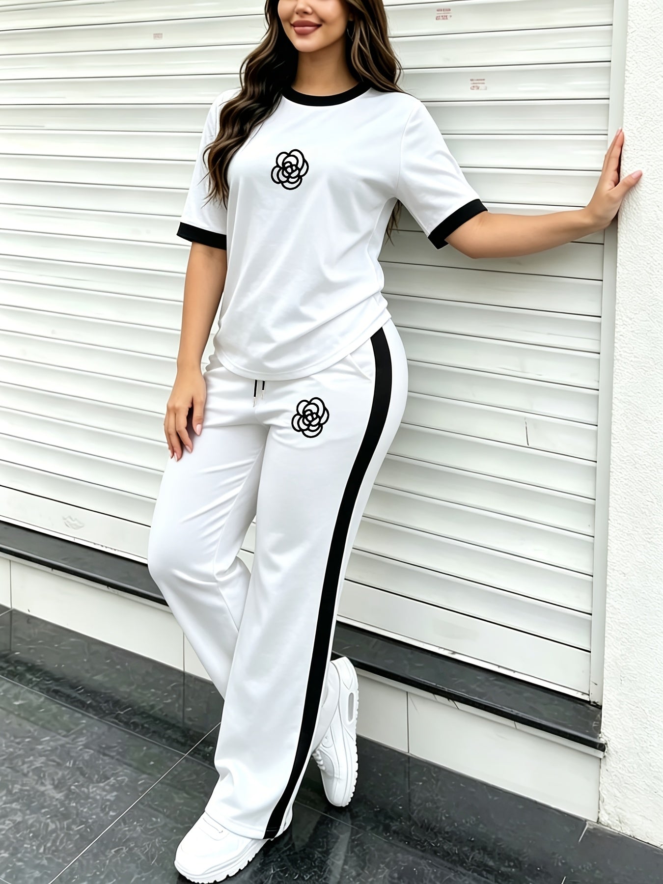 Women's Casual Color-Block Print Short Sleeve Top & Pants Set