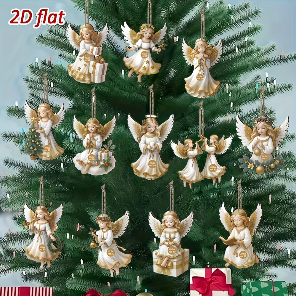 2D Flat - 12/24/36pcs Elegant Wooden Angel Ornaments | Tranquil White Angel Hanging Decorations for Christmas Tree, Garden, Home Decor, Suitable for Christmas, New Year, and Easter