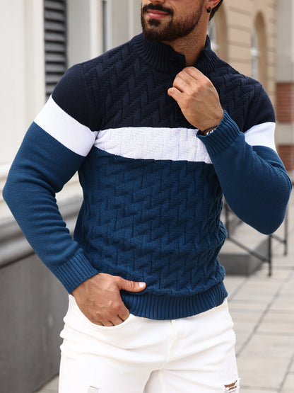 Men'S Stand Collar Pullover | Casual Fashion Quarter Button Stitching Knitwear with Geometric Pattern, Long Sleeve, Regular Fit for Fall/Winter - ayq