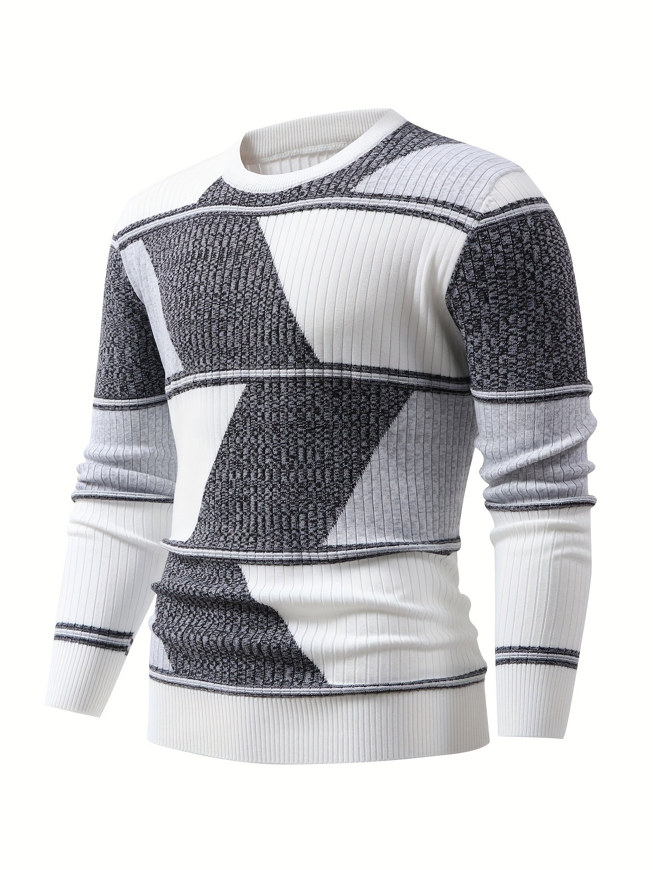 Men'S Fashionable Diamond Contrast Color Knit Long Sleeve Pullover in Faux Pear, First Name OBM, Casual Style, Ribbed Detail, High Stretch Fabric, Geometric Pattern, Regular Fit, Ideal for Fall/Winter