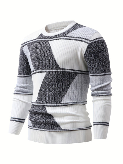 Men'S Fashionable Diamond Contrast Color Knit Long Sleeve Pullover in Faux Pear, First Name OBM, Casual Style, Ribbed Detail, High Stretch Fabric, Geometric Pattern, Regular Fit, Ideal for Fall/Winter
