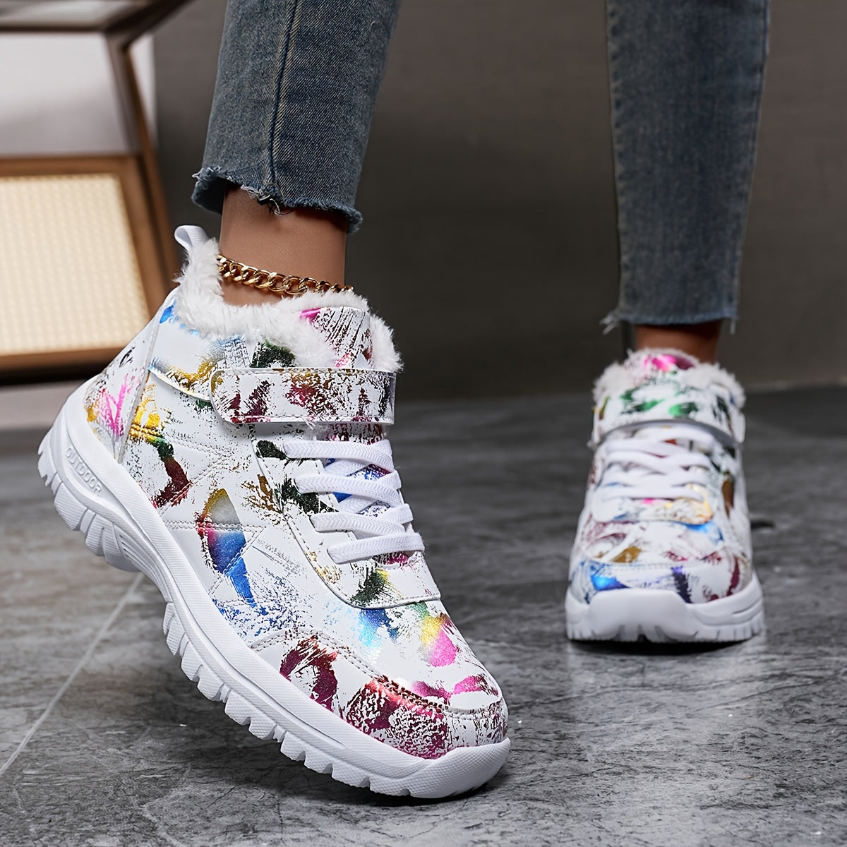 1 Pair Women'S Winter Warm Snow Boots, Fleece-Lined High-Top Outdoor Shoes, Round Toe, Patterned Print, EVA & MD Sole, Fabric Insole - Fashionable Ladies' Footwear